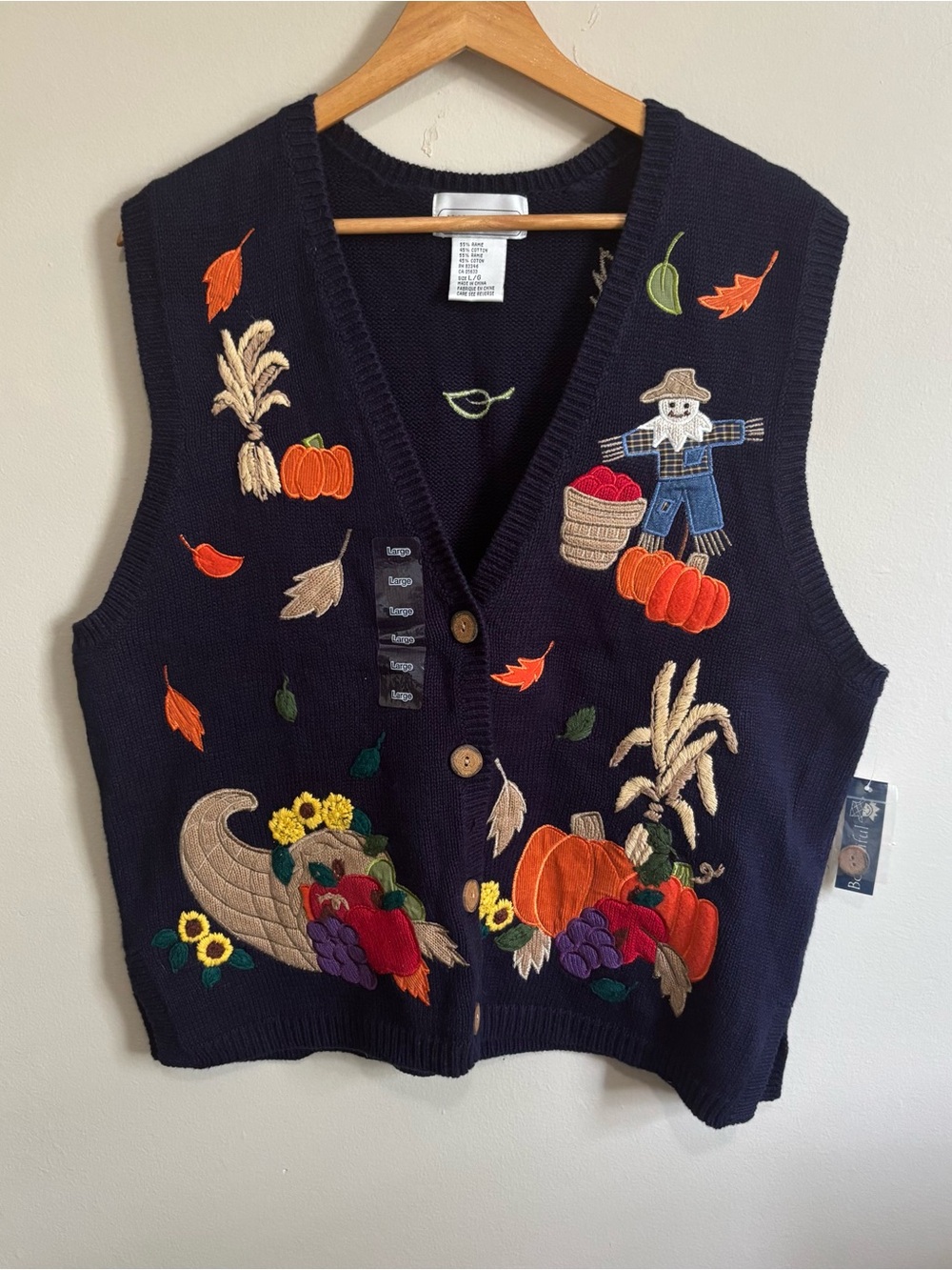 Mandal Bay NWT Harvest Embroidered Knit Vest Pumpkin Cornucopia Size L - Picture 5 of 7